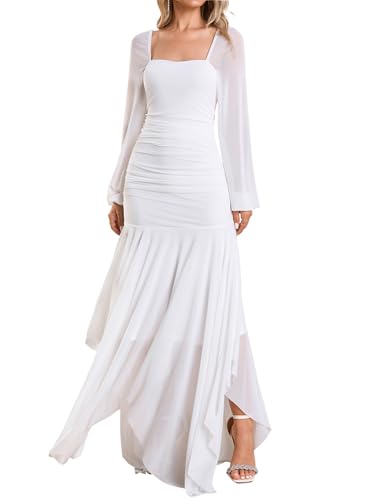 Women's Formal Long Sleeve Maxi Dress Asymmetrical Hem Square Neck Mesh Wedding Guest Cocktail Dresses
