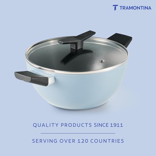 Image of TRAMONTINA Aura Extra Deep 22cm Kadai with Lid, 2.9L | Reinforced Ceramic Non-Stick Cookware | Quick & Even Heating & Low-Oil Cooking | Bakelite Handle | All Cooktop Compatible | Blueberry