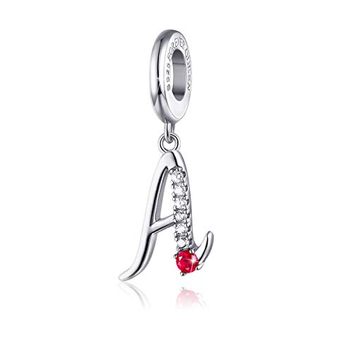 FOREVER QUEEN 925 Sterling Silver A Letter Initial Dangle Beads Charm Red Zircon Alphabet Pendants for Pandora Charms Snake Chain Bracelets Necklace Gift Jewelry for Mother