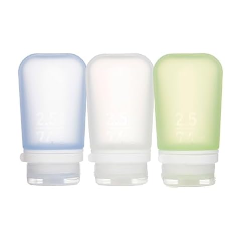 humangear GoToob+ 3-Pack (Medium) | Refillable Silicone Travel Bottle | Locking Lid | Food-Safe Material, Clear/Green/Blue, Medium (2.5 fl.oz.; 74ml) Cover