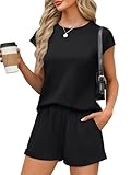 WIHOLL 2 Piece Sets for Women Track Suits Set Short Sleeve Tshirts and Pants 2026 Fashion Resort Wear Cruise Outfits Travel Airport Athleisure Spring Break Black XL