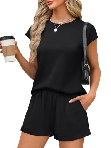 Image of WIHOLL 2 Piece Sets for Women Casual Summer Travel Vacation Outfits Cap Sleeve Shorts Lounge Set