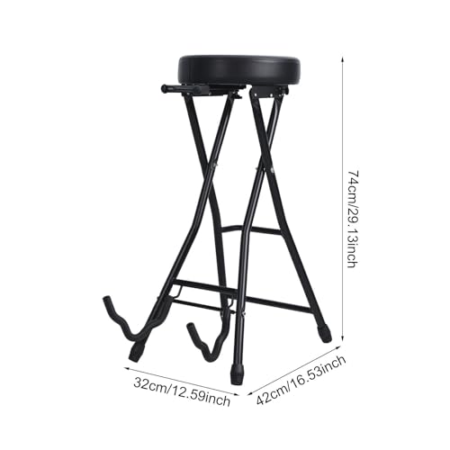 Image of Guitar Stool with Built-in Guitar Stand Foldable Musician Stool Padded Seat Integrated Footrest Retractable Hook Heavy-Duty Iron Frame for Acoustic Electric Bass Guitar Players(Black-c)