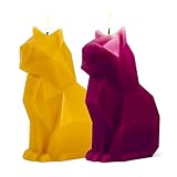 PyroPet Kisa Cat Candle Duo (Mustard Yellow & Burgundy) - Metallic Skeleton Design | Ideal Halloween Decor & Gift for Cat Enthusiasts | 20-Hr Burn Time Each