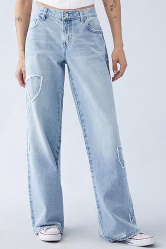 cffvdiz Women's Baggy Wide Leg Jeans High Waist Side Raw Edge Bow Y2k Straight Jean Denim Pants2