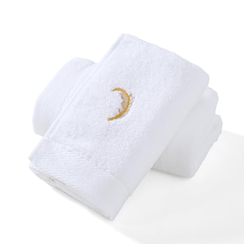 YiLUOMO Gold Feathers Embroidered Elegant White Hand Towels Super Soft 100% Cotton Highly Absorbent Decorative Hand Towel Set for Bathroom Hotel & Spa(13 x 29 Inch, 2 Pack)