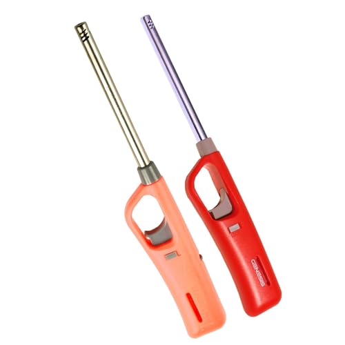 Image of Genesis Refillable Windproof Gas Flame Lighter Long Reach Utility Lighters for Kitchen, Stove, BBQ, Candles, Camping Indoor Outdoor Use, Refillable Gas Safety Lighter (Orange, Red) (Pack of 2)