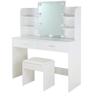 Albatros make-uptafel ELLA, wit met kruk, ledverlichting en spiegel, 2 schuifladen en vakken, kaptafel toilettafel