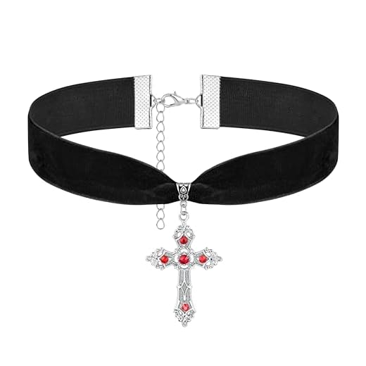 Gopbrer Silvery Cross Necklace with Red Rhinestone, Gothic Velvet Cross Choker Necklace, Goth Punk Emo Vintage Pendant Necklace for Women, Metal, No Gemstone