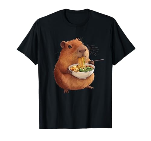 Capybara Designs. Kawaii Capybara Eating Ramen Noodles Anime Japanese Unisex-Adults and Kids T-Shirt - Black - Small - Short Sleeve