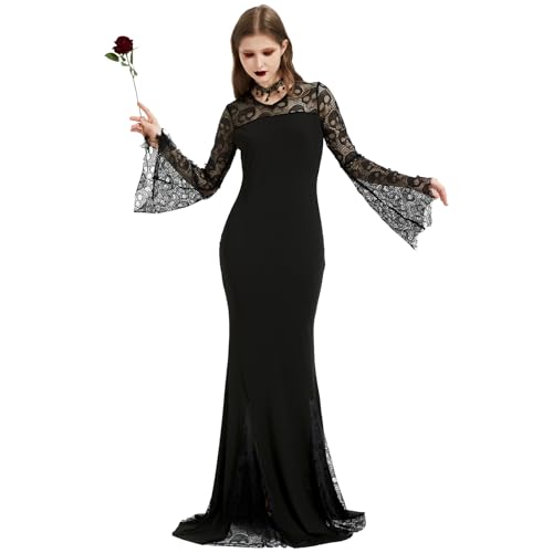 HERMORRYSS Gothic Kleidung Damen, Spitzenkleid Schwarz, Damen Bodenkleid Kostüm, Elegante Kleider Lang mit Halskette und Armband, Prom Dress für...