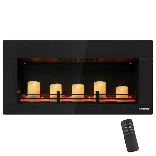 Image of R.W.FLAME 36 Inch Premium Candle Electric Fireplace, 12 Light Bed Colors, 5-Level Dimmable Light & L0 Sleep Mode, Bluetooth Sound, Dual Heating Gears with Thermostat (50-99℉), 1-8H Timer