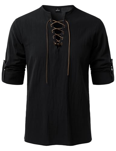 JEMITOP Mens Renaissance Pure Cotton Lace Up Shirt V-Neck Long Sleeve Retro Costume for Medieval Pirate Viking Knight Vampire Halloween Black L