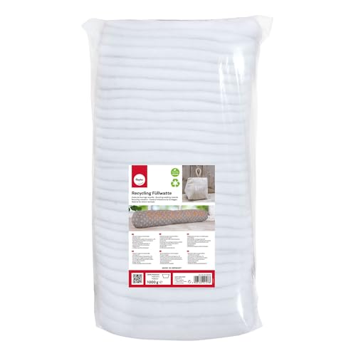 Rayher 3315400 Recycling Füllwatte in Lagen, weiß, Beutel 1kg, 100% Polyester, waschbar, allergieneutral, vegane Füllwatte
