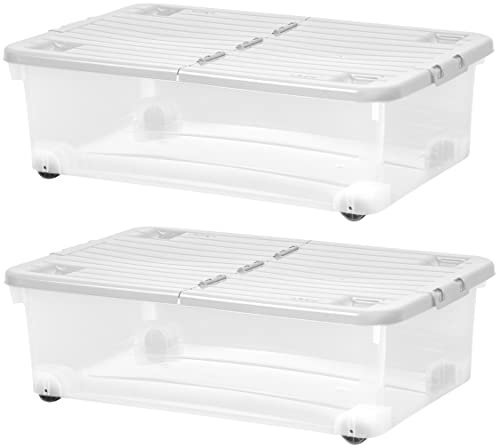Muddy Hands Pack of 2 Under Bed Storage Boxes with Lids & Wheels - 32 Litre Large Clear Plastic Stackable Containers for Clothes Bedding & Shoes (60 x 40 x 18.5cm)