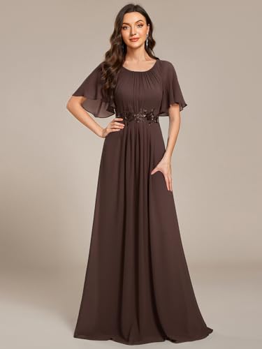 Image of Ever-Pretty Women's Classic Round Neck Pleated Short Sleeves Chiffon Appliques Floor Length A Line Formal Evening Dresses