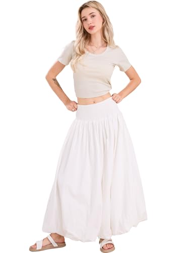 ebossy Women's Smocked High Waist Pleated Solid Color A-Line Flowy Bud Lantern Long Skirt4