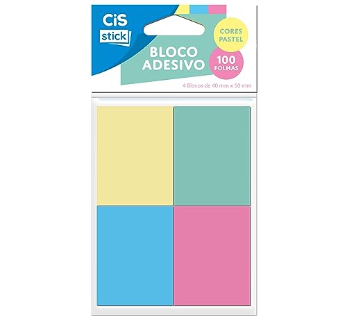 CIS Office ST0101 Pacote com 4 Blocos Adesivo Pastel 40X50mm - 100 folhas por bloco