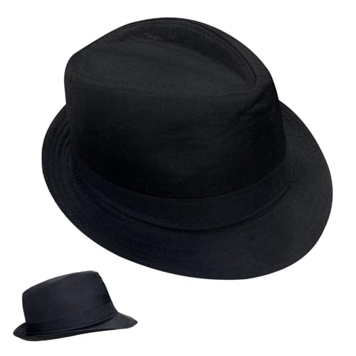 EUPSIIU 1 x eleganter Fedora-Trilby-Hut, Unisex, klassischer Panama-Bowler-Hut, klassisch, Gentleman-Stil, Jazz-Kappe, Gangster-Kappe, kurze Krempe, für Reisen, Strand, Party, Outdoor, Schwarz