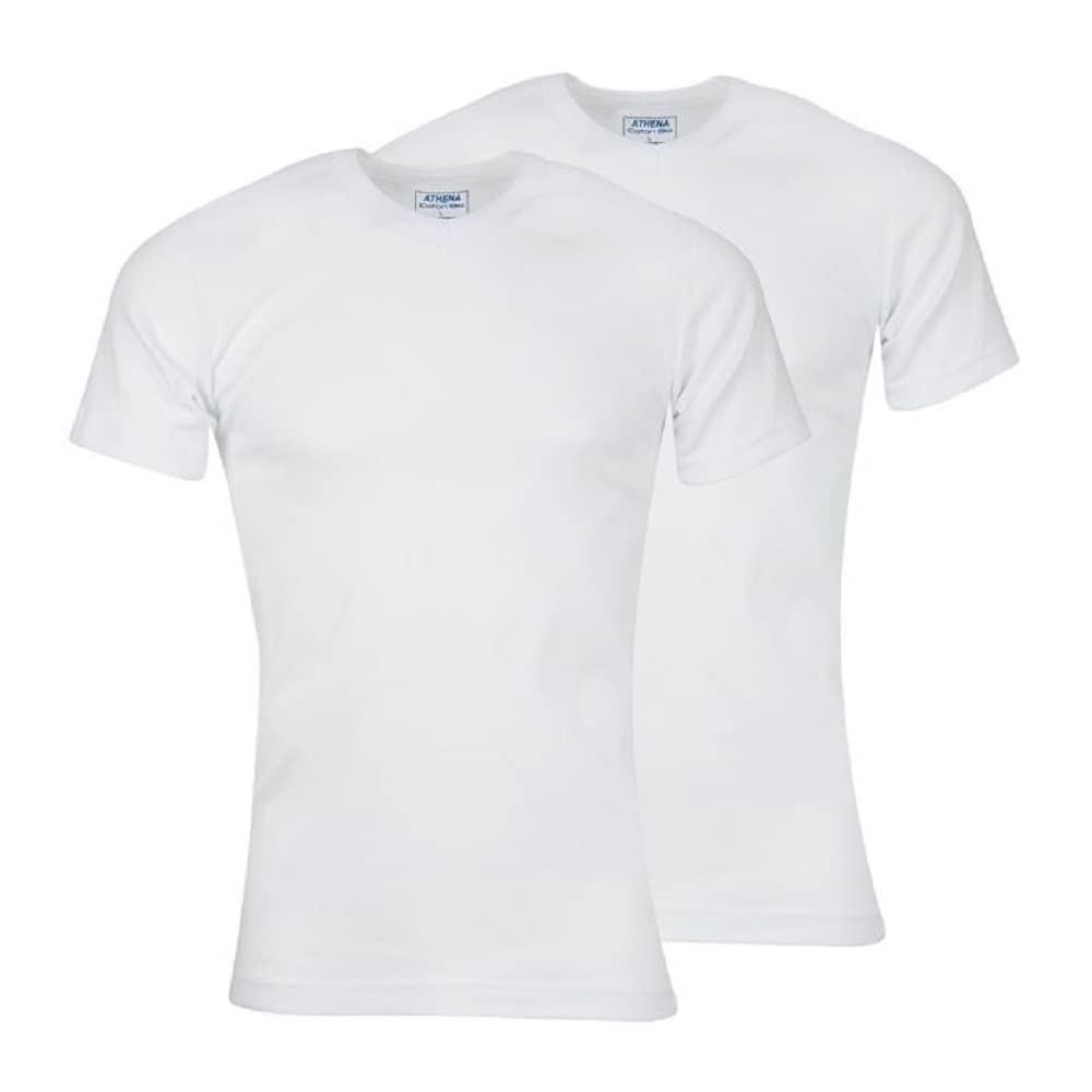 Athena - Pack of 2 Men's V-Neck T-Shirts - 100% Organic Cotton - Oeko-TEX Standard 100 Label and GOTS Certification - Hypoallergenic, Short Sleeves, White/White, XL