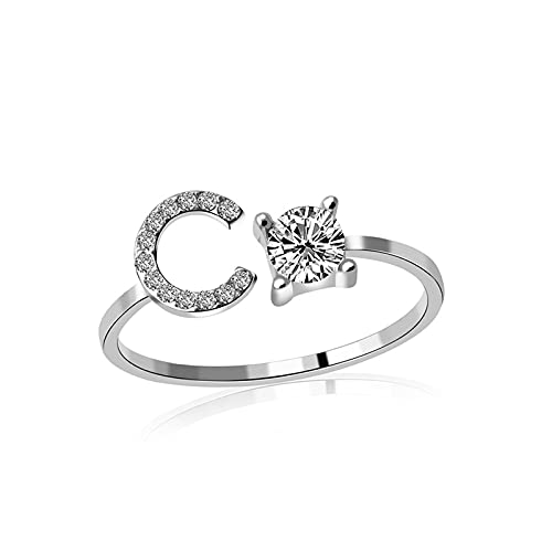 Hengyaai Initial Ring for Women, Letter Initial Alphabet Knuckle Rings A-Z Silver Crystal Adjustable Ring, Alphabet Ring Stackable Rings Gift for Women Girls (C)
