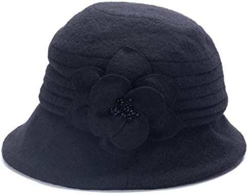 Womens Gatsby 1920s Winter Wool Cap Beret Beanie Cloche Bucket Hat A299 (Black)