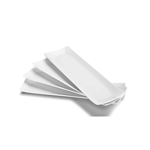 DOWAN 14" Sushi Plate Set of 4 - Long Rectangle Plates and Cracker Trays for Serving - White Ceramic Platters for Party and Entertaining - Dishwasher & Oven Safe