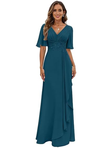Women's Chiffon Lace Appliques Mother of The Bride Dresses with Ruffly Pleates for Wedding Guest V-Neck Short Sleeves Plus Size Teal Evening Dress with Pocket for Women US18W