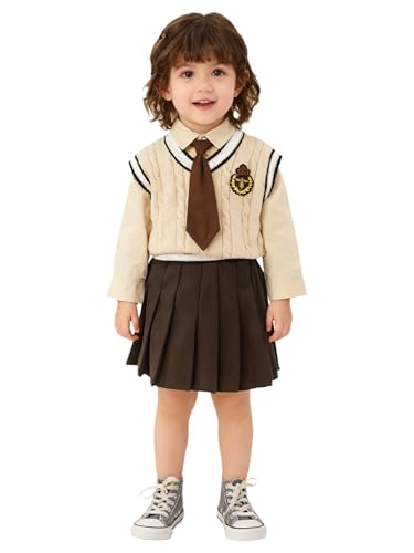 Jydiazi Ensemble de vêtements pour bébé garçon et fille, uniforme scolaire, chemise à manches longues, gilet en tricot, cravate et jupe/pantalon, Ensemble pour fille, 98-104