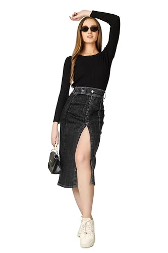 Image of Western Straight Stylish Comfortable Long Two Button Up Slit Dobby Denim Skirt for Women & Girls