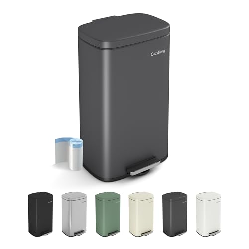 Image of CozyLiving Pedal Kitchen Bin with Soft Close Lid, Step-On Trash Can with Inner Bucket, Durable Steel Body, Hands-Free Waste Disposal, Dark Grey/ 30L