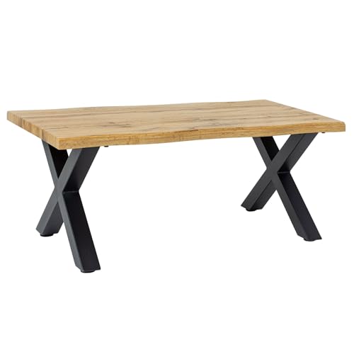 Riess Ambiente Industrial Couchtisch WILD - 90cm - braun - Wildeichen-Optik schwarzes Metall X-Gestell Baumkanten-Design Ablagetisch