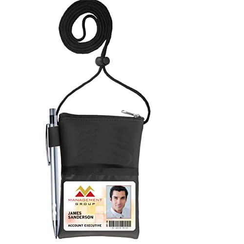 Travel Neck Wallet with Pen Loop Holder - Black Vinyl Credential ...