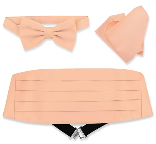 Vesuvio Napoli Cummerbund BowTie & Hanky Set - Men's Cummerbund Bow Tie Pocket Square Solid Colors (Peach)