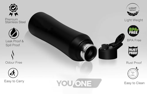 Image of YOUONE Stainless Steel 1000 ML Water Bottle /Thunder for fridge /School /Outdoor /Gym /Home /office /Boys /Girls /Kids, Leak Proof And BPA Free (Black)