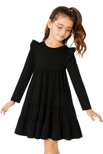 Image of Girl Long Sleeve Dress Ruffle Rainbow Color Block Cotton Casual Tiered Pleated Twirly Dress