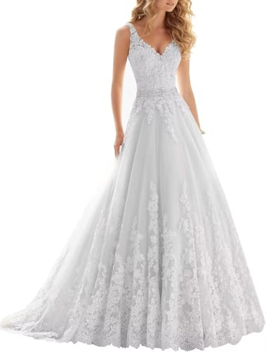Lace Wedding Dresses for Bride Deep V Neck Beaded Tulle Bridal Ball Gowns for Women with Train Brides Dress White 8