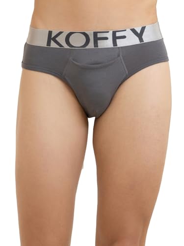 Image of KOFFY Men's Premium Cotton Lycra Brief with Minus Cutting Pouch| Silver Metallic Elastic| 4 Way Stretch| Wrinkle Free| Pack of 1