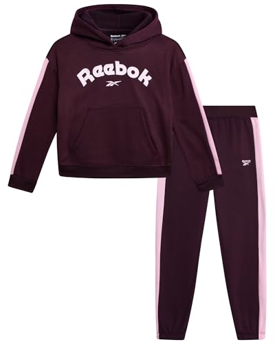Reebok Girls Jogger Set - 2 Piece Matching Sweat Set with Pullover Hoodies and Athletic Joggers for Girls, Size 7, Plum