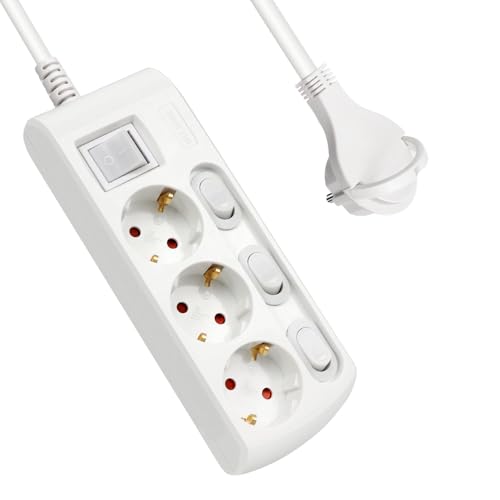 EXTRASTAR Regleta Alargador con 3 Enchufes + Interruptor Individuales 1 Principal Cable 1.5M Clavija