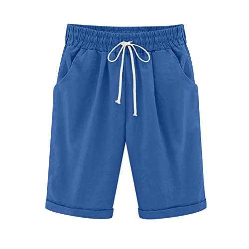 DABAOK Pantalones cortos de baño largos para mujer, cintura alta, con cordones, bolsillo de entrenamiento de cinco puntos, pantalones cortos de entrenamiento con bolsillos para mujer, Negro , L