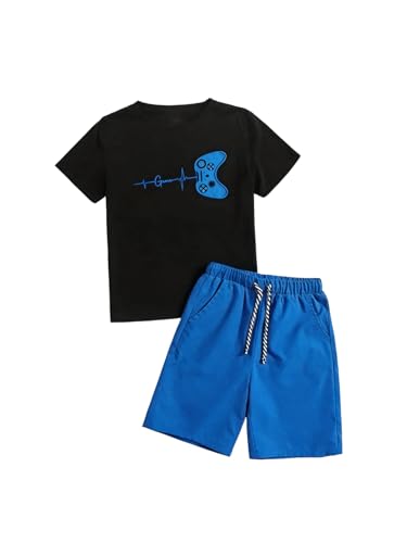 Image of SOLY HUX Boy's Letter Graphic Short Sleeve Tee Shirt and Drawstring Waist Shorts Set 2 Piece Outfit