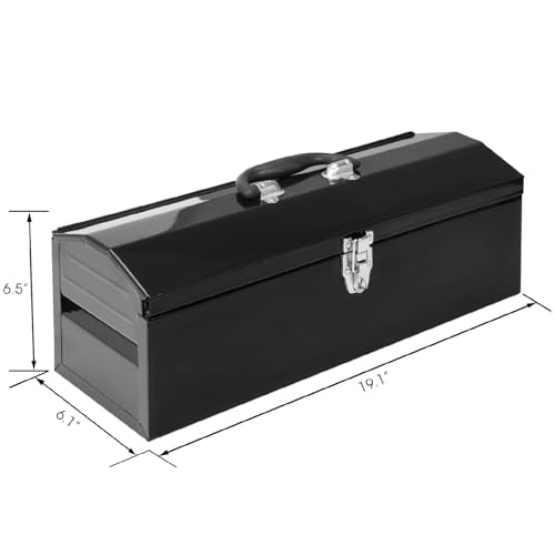 Image of Torin ATB101B-2 19 inch Hip Roof Style Portable Steel Tool Box with Metal Latch Closure and Removable Storage Tray, 19.1 inch x 6.1 inch x 6.5 inch, Black
