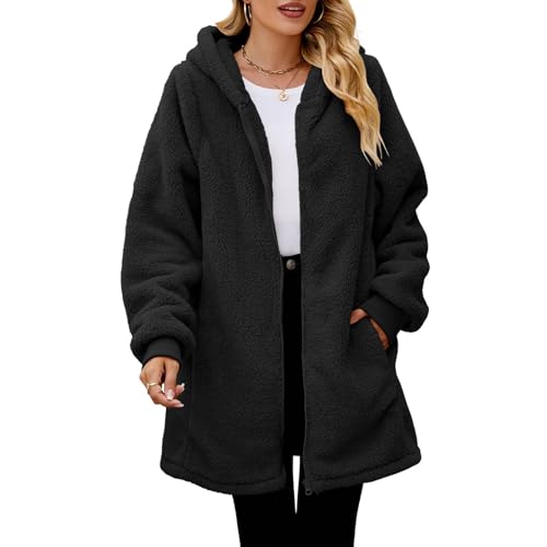 Gumipy Fleece Jacket Women Zip Up Fuzzy Sherpa Jacket Warm Hooded Winter Coats Trendy Long Sleeve Light Jackets Teddy Coat