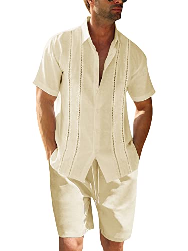 Ensemble 2 pièces en lin pour homme Coupe droite boutonnée Chemise de plage et short à manches courtes Tenues d'été, beige#a, XXL
