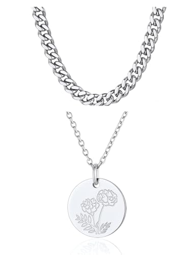 FindChic FindChic 18'' 7MM Mens Chain Necklace Stainless Steel Cuban Curb Link and Necklaces for Women Birth Flower Coin Necklace