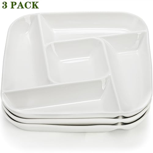 DEAYOU 3 Pack Ceramic Chip and Dip Serving Tray, Porcelain Divided Serving Platter, 10" Decorative Sectional Appetizer Plate, 5-Compartment Stoneware Relish Fruit Dish for Veggie, Snack, Entertaining - Thumbnail 7