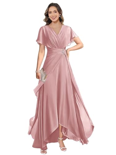 Chiffon Mother of The Bride Dress with Sleeves V-Neck A-Line Formal Wedding Guest Dresses for Women4
