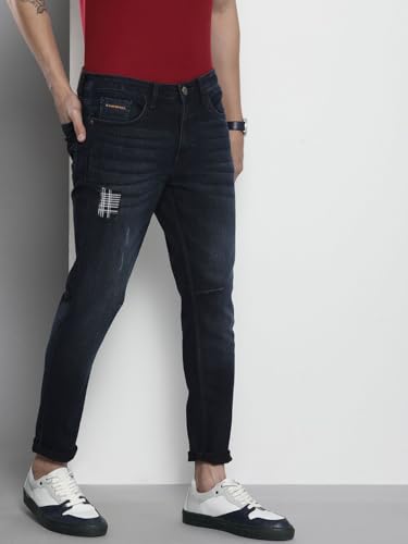 Image of The Indian Garage Co Men Carrot Fit Solid Mid-Rise Stretchable Jeans