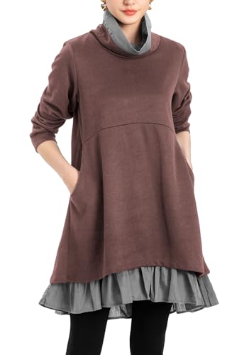 Minibee Damen Oversized Sweatshirt Kleid Rollkragen Langarm Tunika Tops Swing Kleider mit Taschen, Kaffee, XX-Large